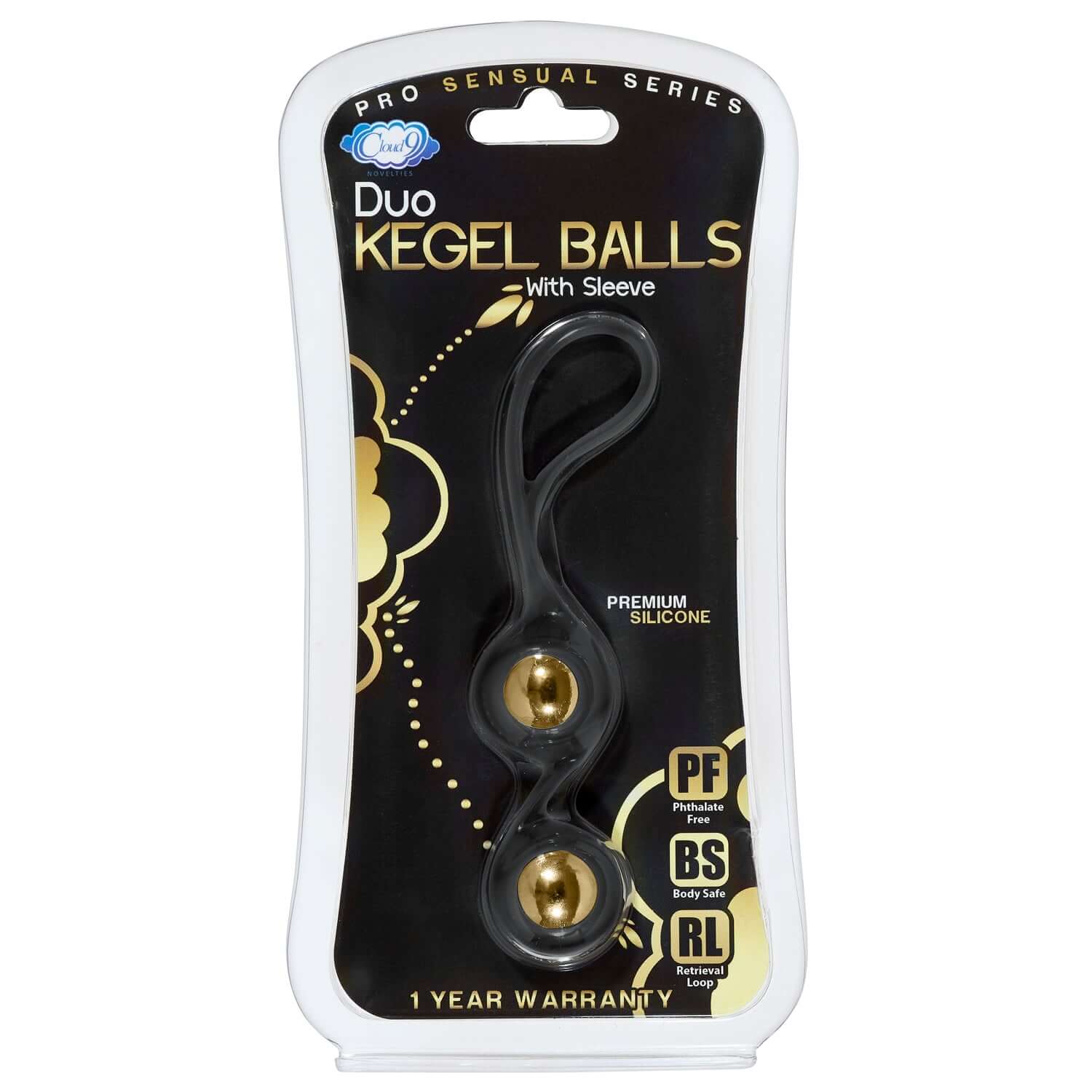 Cloud 9 Duo Kegel Balls in black silicone sleeve, packaged in Pro Sensual Series box for pelvic floor strengthening.