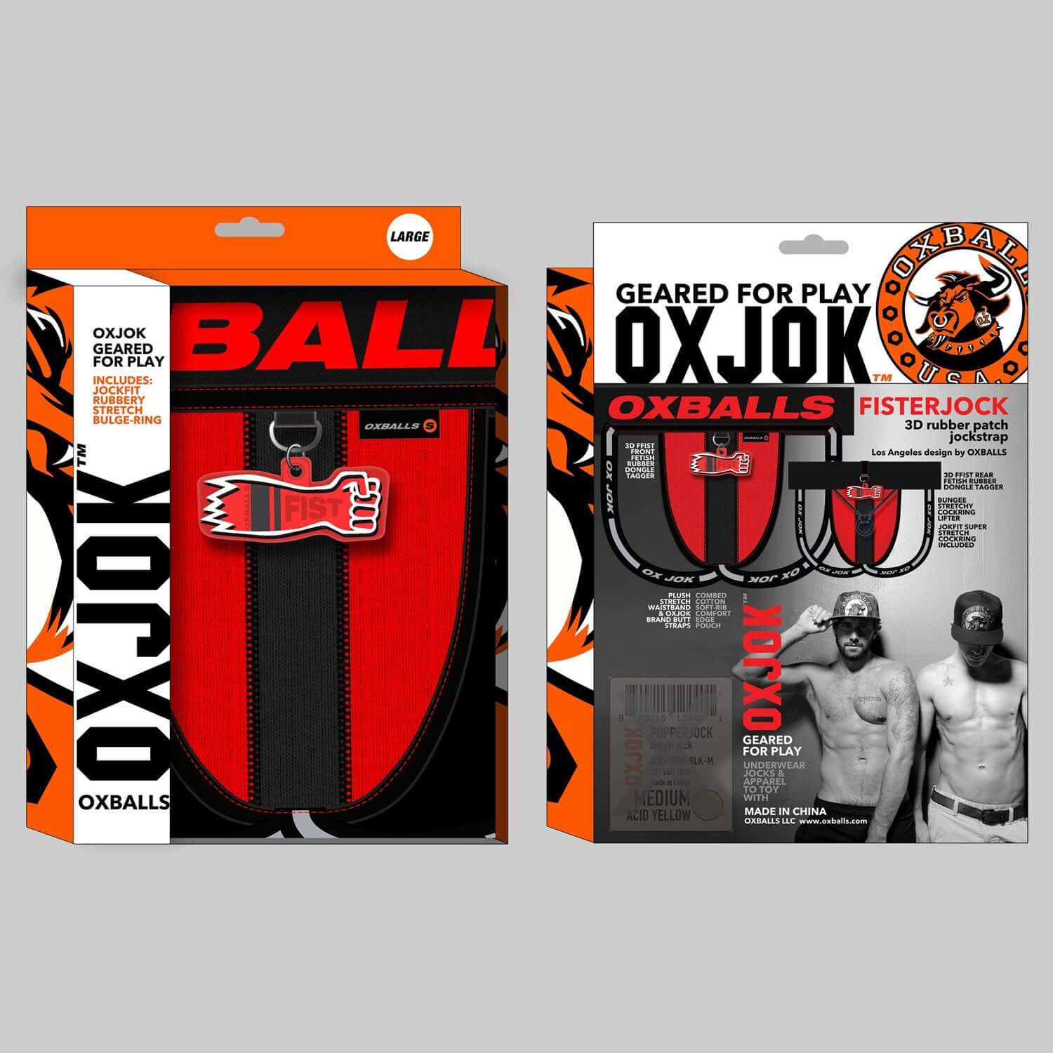 Oxjok Fisterjock 3D Fist Tagger Jock in black/red packaging, large size, geared for play by Oxballs