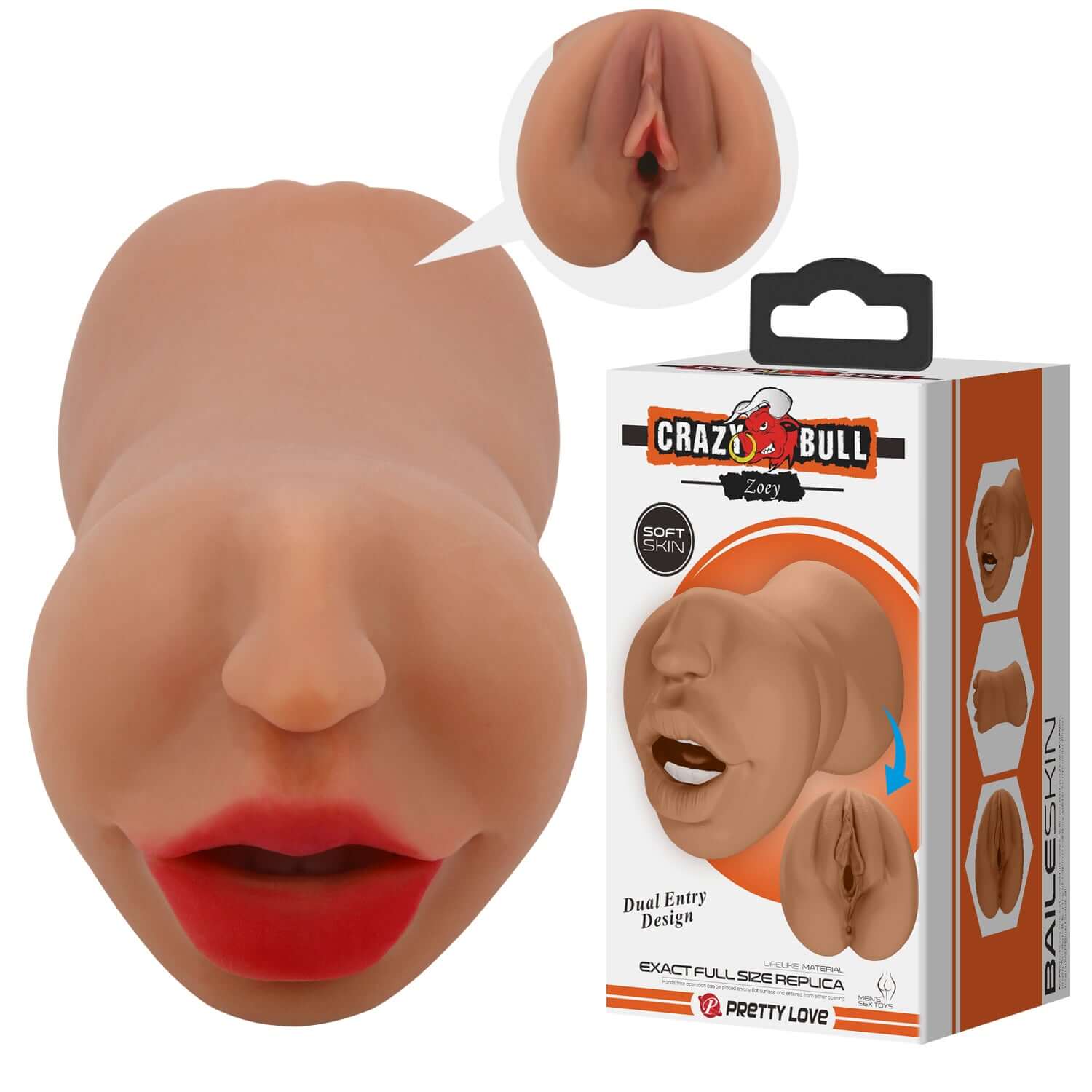 Realistic Zoey mouth masturbator sleeve with dual-entry design and packaging, showcasing soft skin and detailed features.