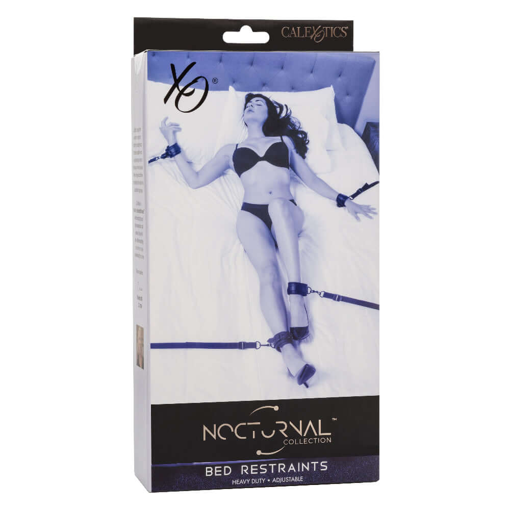 Nocturnal Collection Bed Restraints packaging with model restrained on bed, highlighting heavy-duty and adjustable features