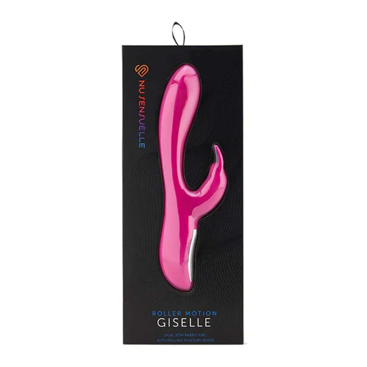 Nu Sensuelle Roller Motion Giselle Massager in Magenta packaging, showcasing dual stim design and roller motion technology.