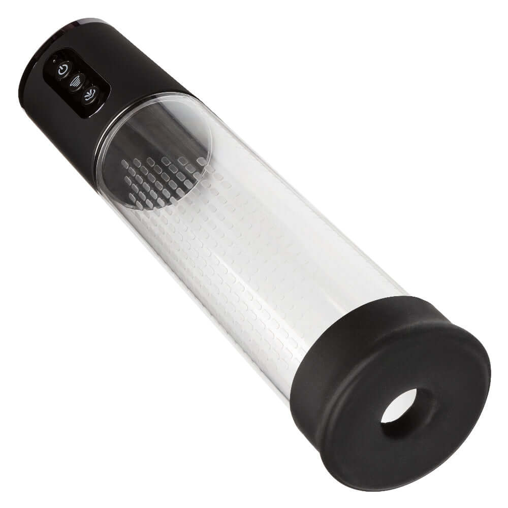 Peak Rechargeable Penis Pump in black and clear, featuring an automatic suction mechanism for intimate enhancement.