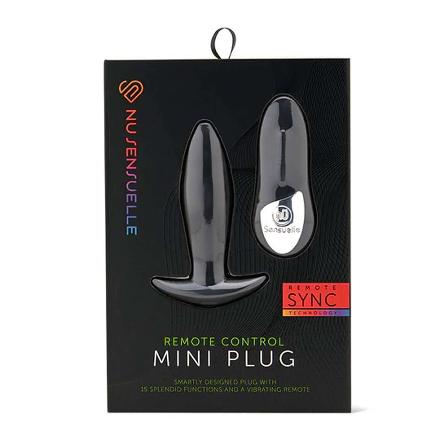 Nu Sensuelle Remote Control Mini-Plug - Black packaging with 15 function vibrating remote for anal play beginners and pros.