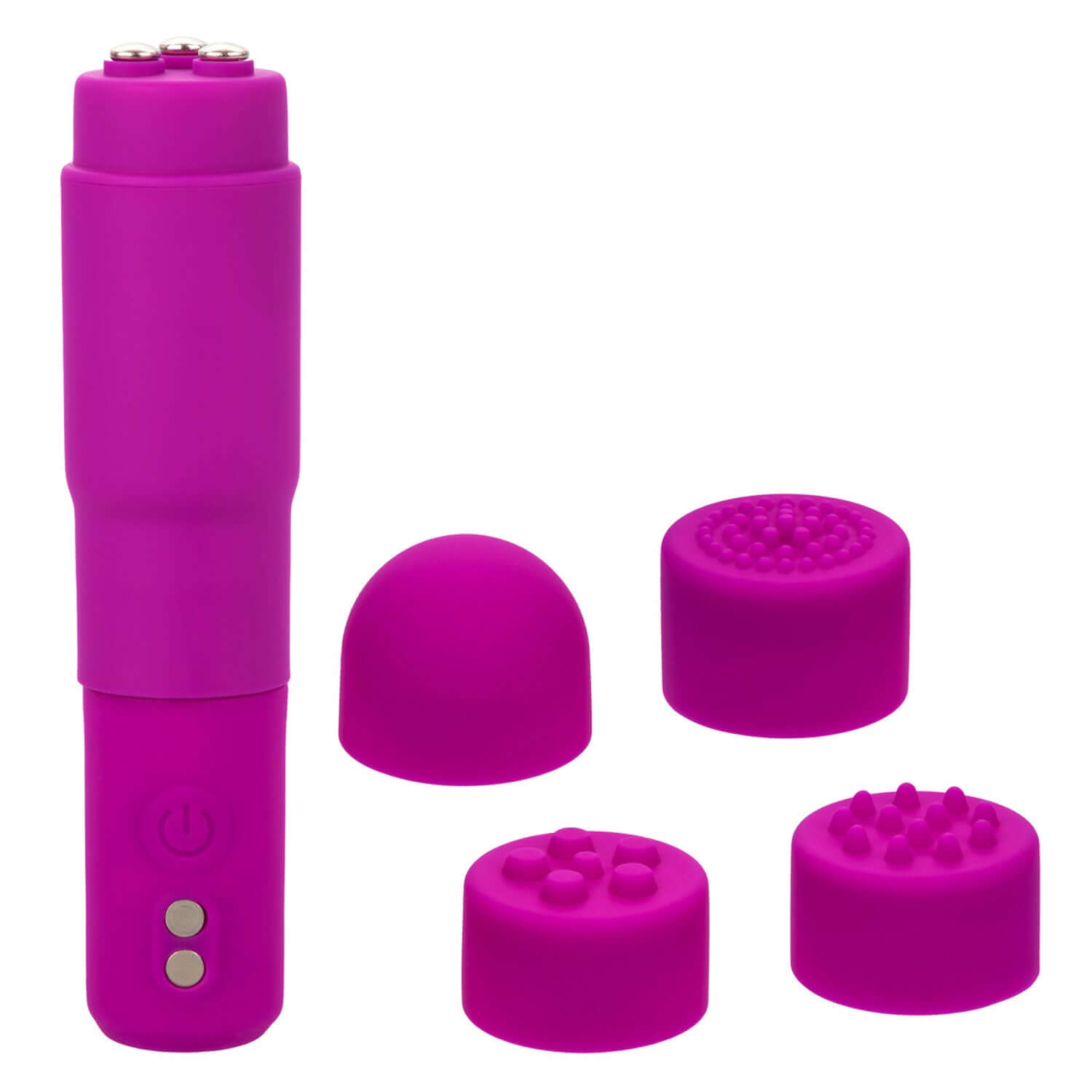 Kyst Mega-Mite Massager in pink with 4 interchangeable silicone tips for personal stimulation and rechargeable convenience.