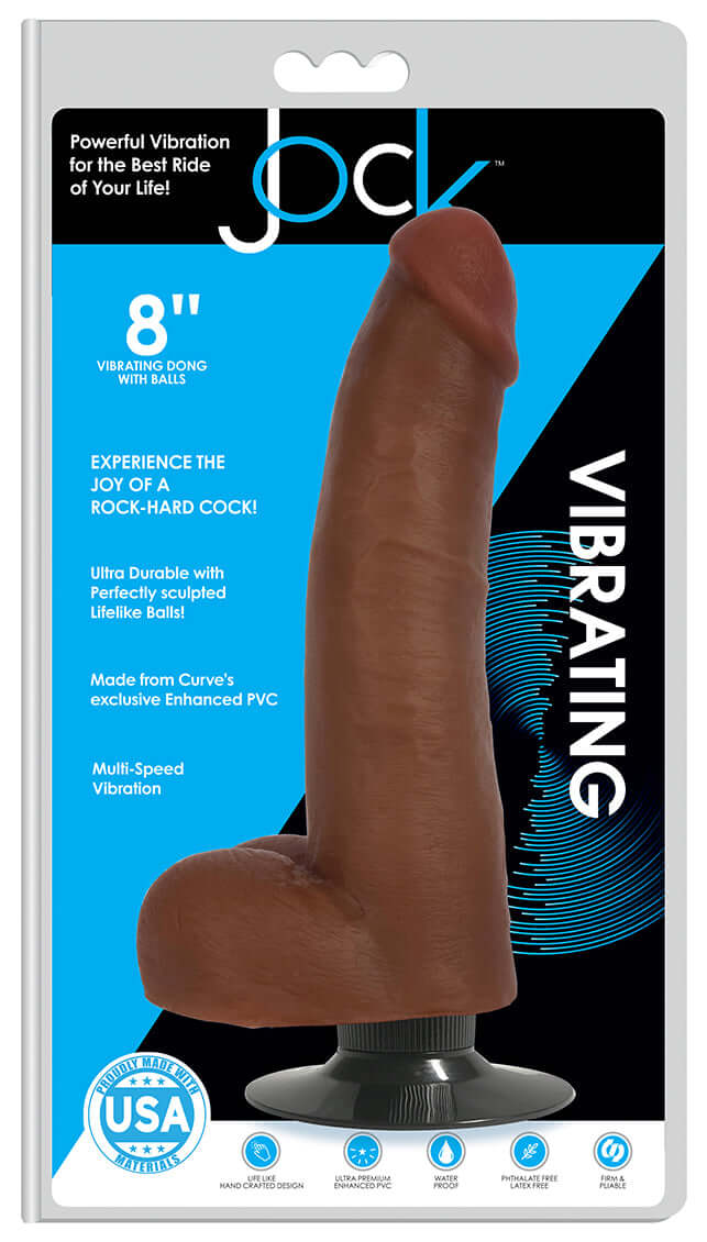 Jock 8 Inch Vibrating Dong with Balls in packaging with suction cup and multi-speed vibration features. Made from durable USA materials.