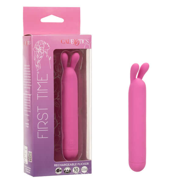 First Time Rechargeable Flicker in pink packaging showcasing its sleek design and flickering bunny ears.