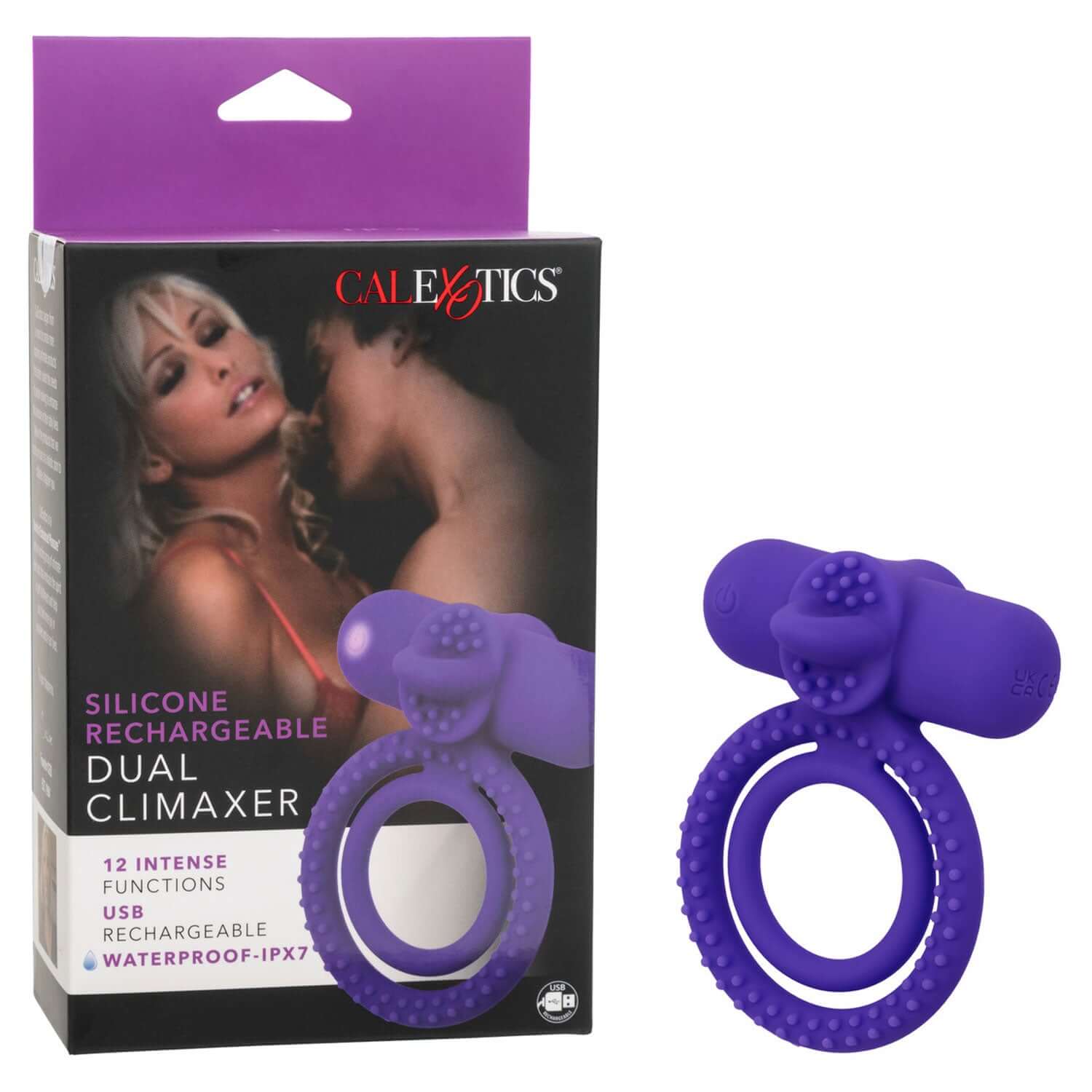 Purple Silicone Rechargeable Dual Climaxer with packaging, featuring 12 vibration functions for enhanced couples' pleasure.