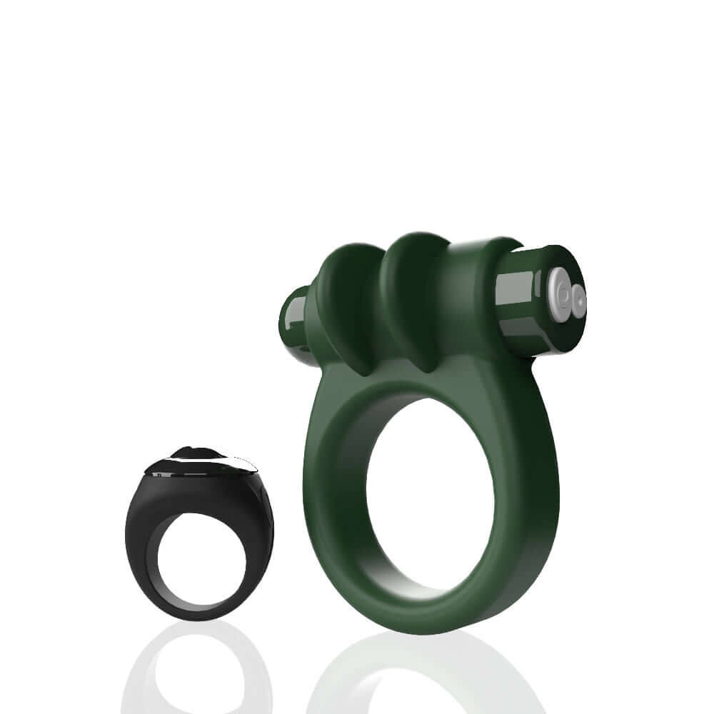 Green Screaming O Remote Controlled Switch Vibrating Ring with black remote control for mutual stimulation and sensual play.