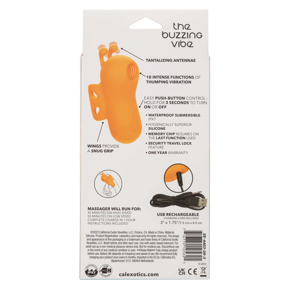 Back packaging of Neon Vibes The Buzzing Vibe in Orange explaining product features and USB rechargeable capabilities