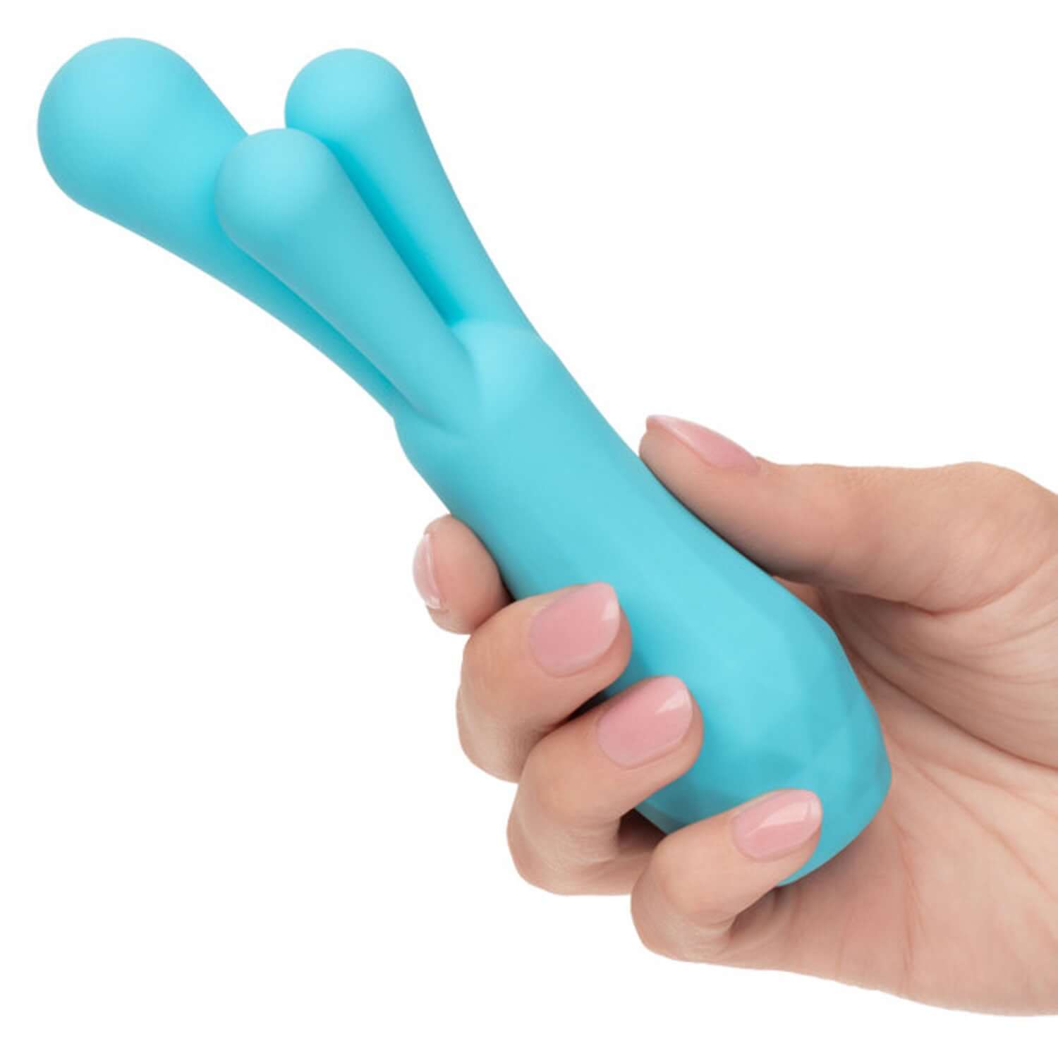 A hand holding the blue Gia Triple Teaser Vibrator designed for maximum stimulation with three distinct teaser heads.