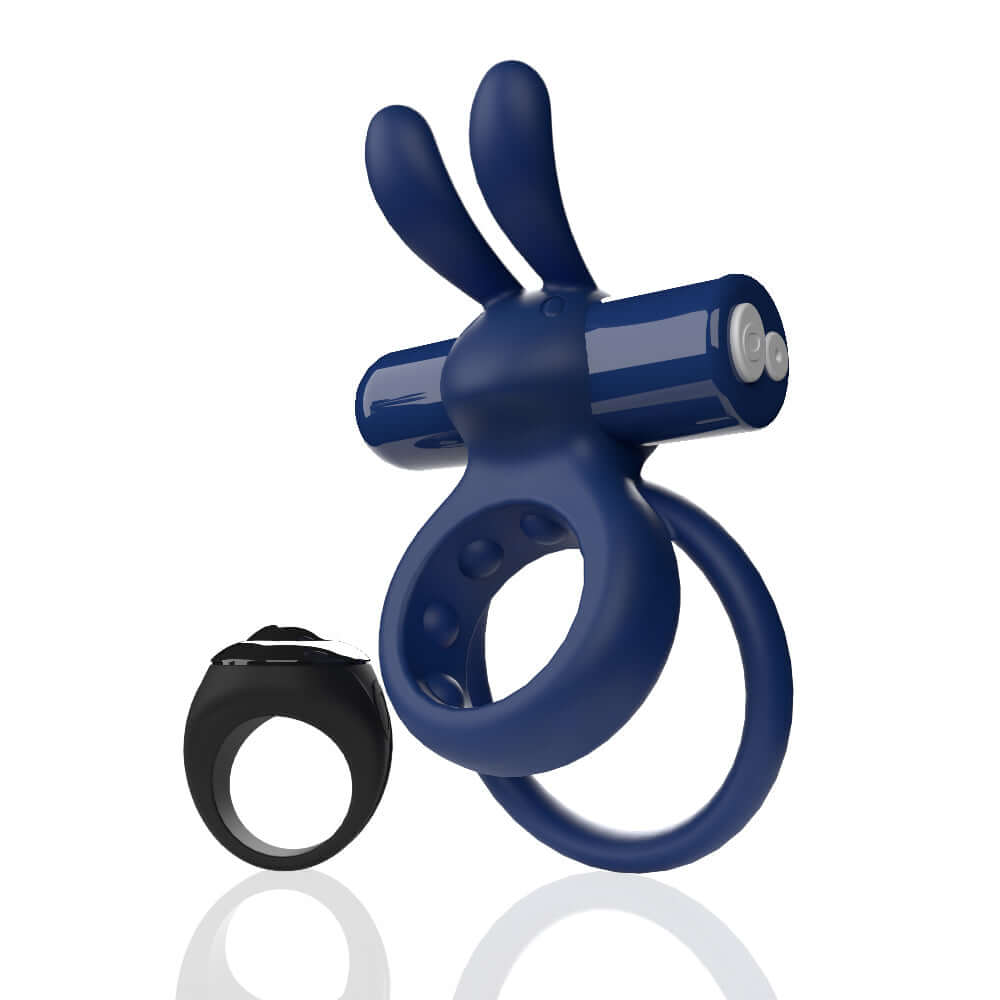 Blue Remote Controlled Ohare Vibrating Double Cock Ring with Flexible Ears and Remote