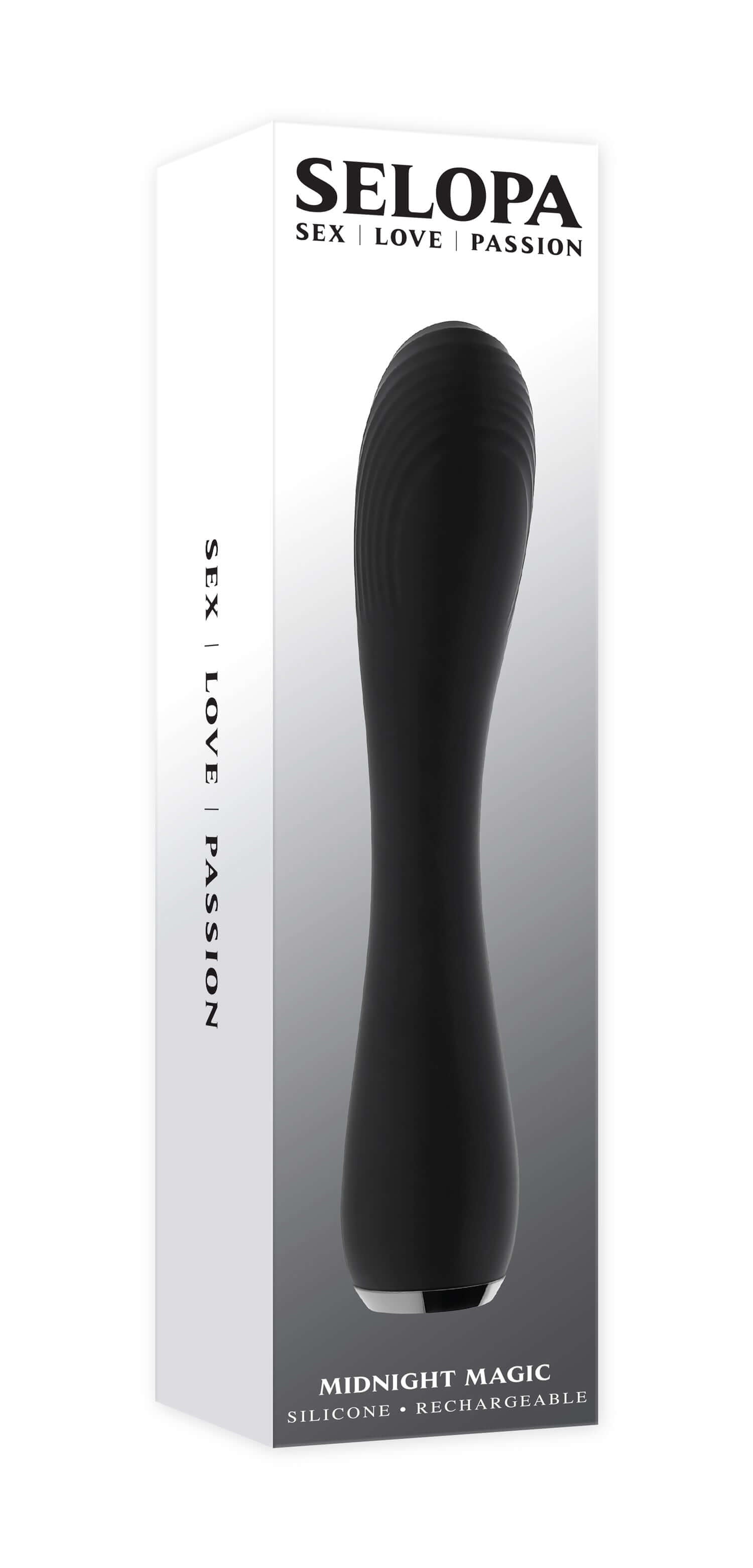 Midnight Magic G-spot vibrator in sleek black packaging, showcasing its curved design and elegant branding for sensual pleasure.