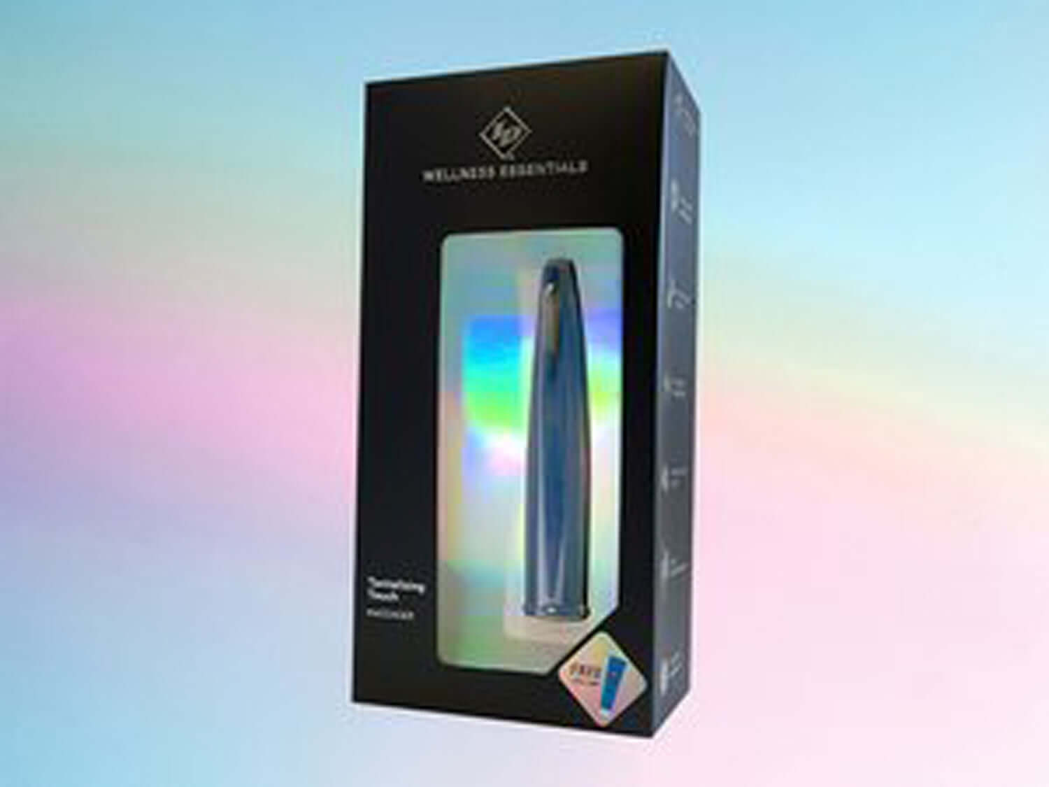 Tantalizing Touch Massager packaging, featuring a sleek blue design and colorful holographic accents for wellness essentials.