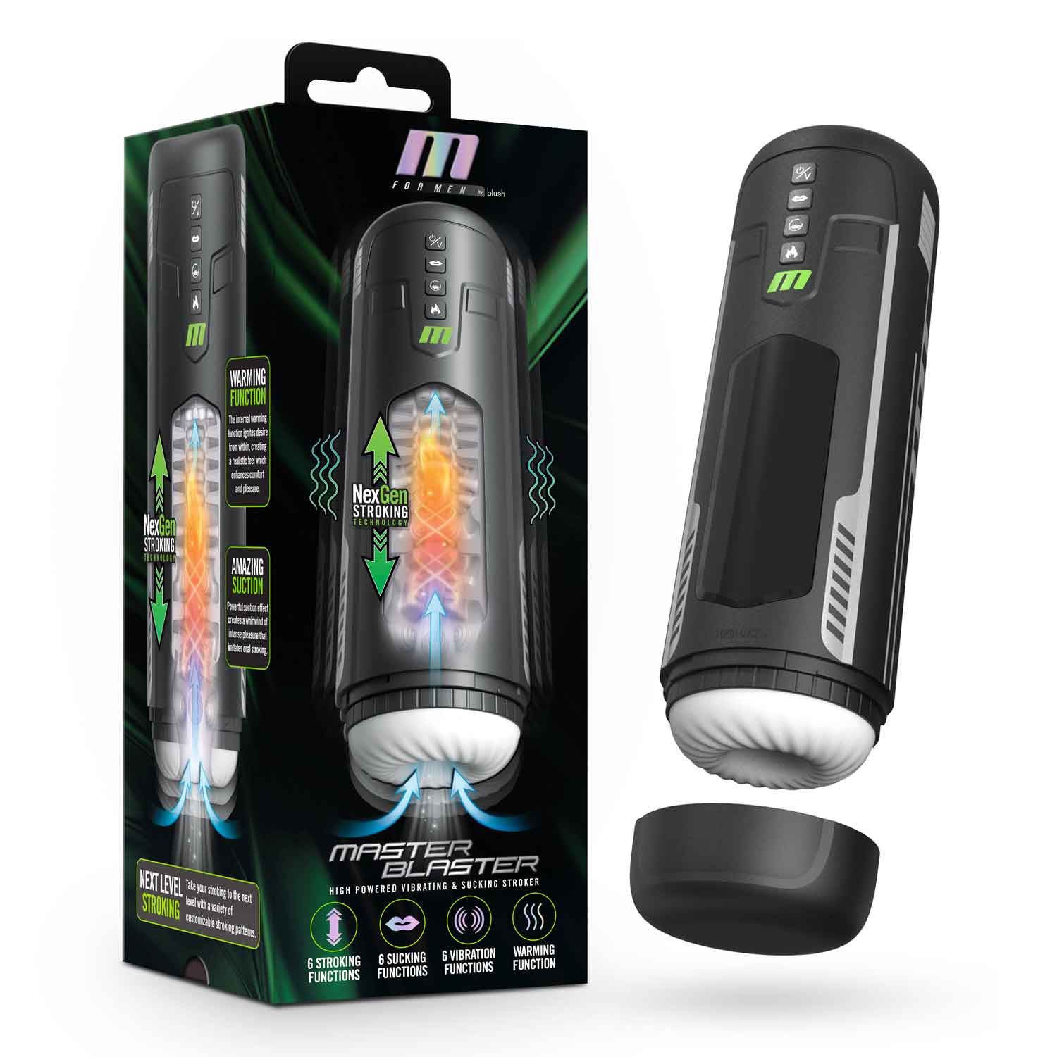 M for Men Master Blaster male masturbator in black with protective cover and packaging showing 4 customizable functions