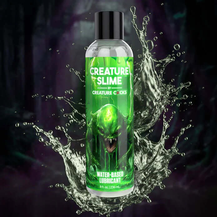 Creature Slime Water Based Lubricant 8oz bottle with green slime creature design and splash background