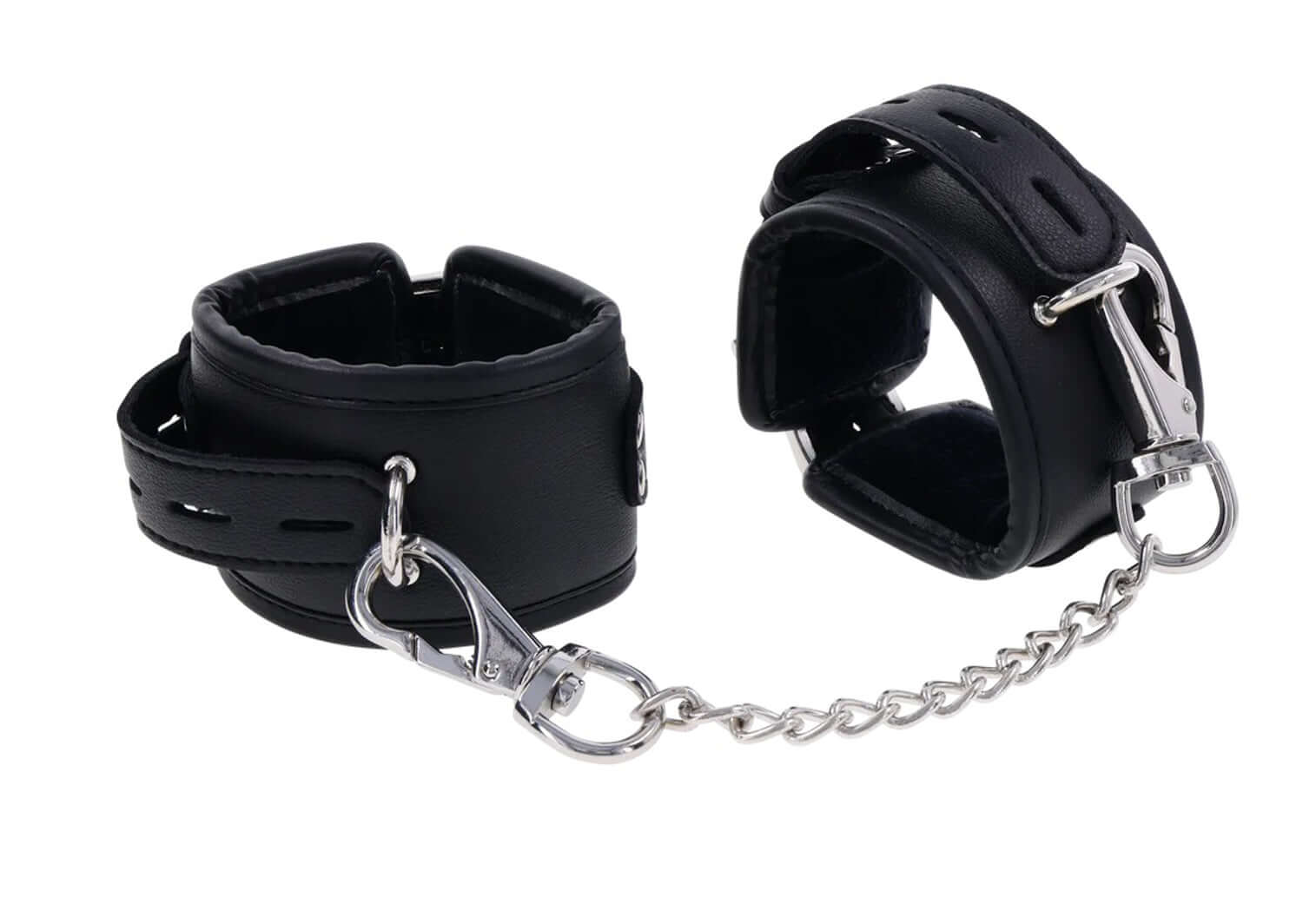 Edge Handcuffs in black with padded design, silver metal hardware, and chain for secure restraint and comfort.