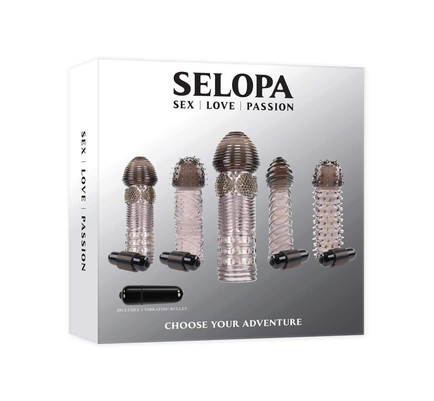 Selopa Choose Your Adventure Penis Extensions Kit featuring five unique sleeves and a vibrating bullet for enhanced pleasure.