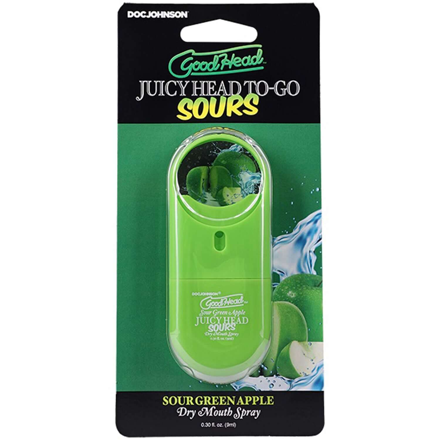 GoodHead Juicyhead Dry Mouth Spray in Sour Green Apple flavor, 0.30 oz travel size for instant moisture and fresh breath.