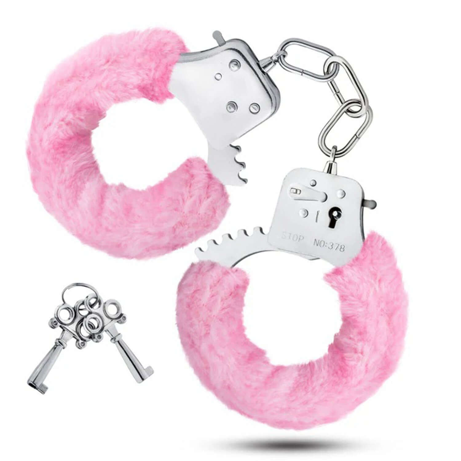 Pink Temptasia beginner cuffs with matching keys and safety release lever