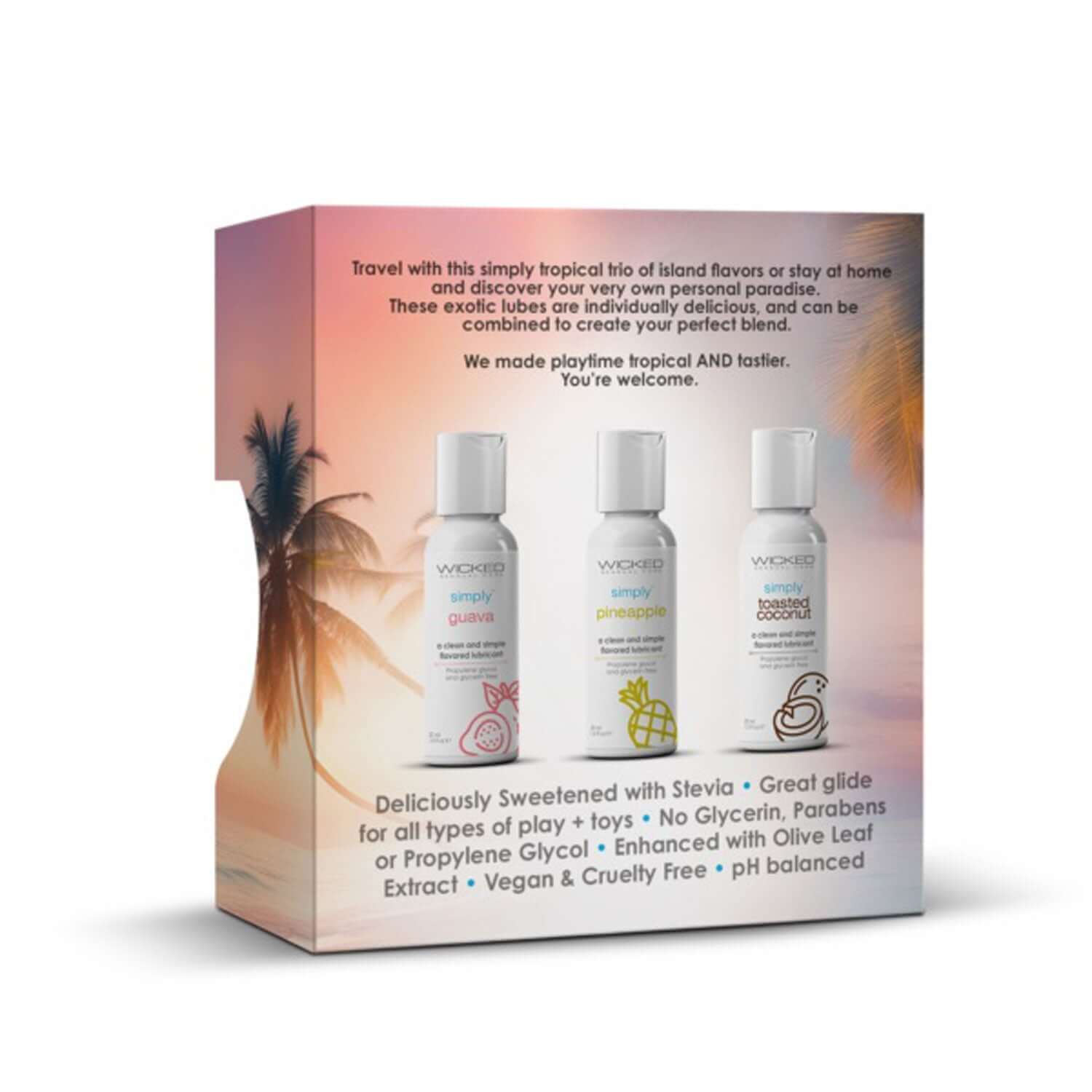 Wicked Simply Tropical Trio Travel Size Lubes in guava, pineapple, and toasted coconut flavors, 1 oz bottles, free from glycerin and parabens.