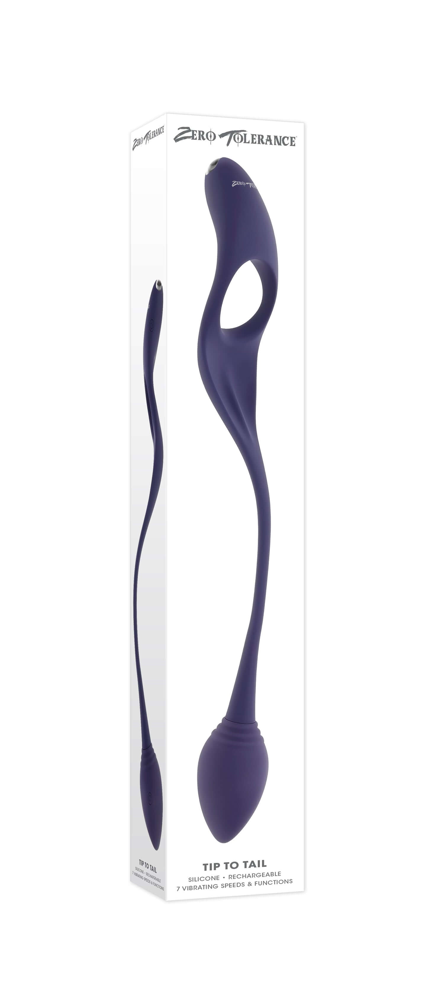 Tip to Tail Vibrating Plug and Ring in purple packaging featuring flexible design and dual motor functionality.