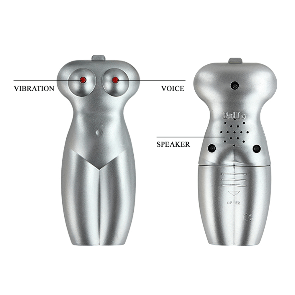 Silver lady-shaped vibrating masturbator with voice and speaker features.