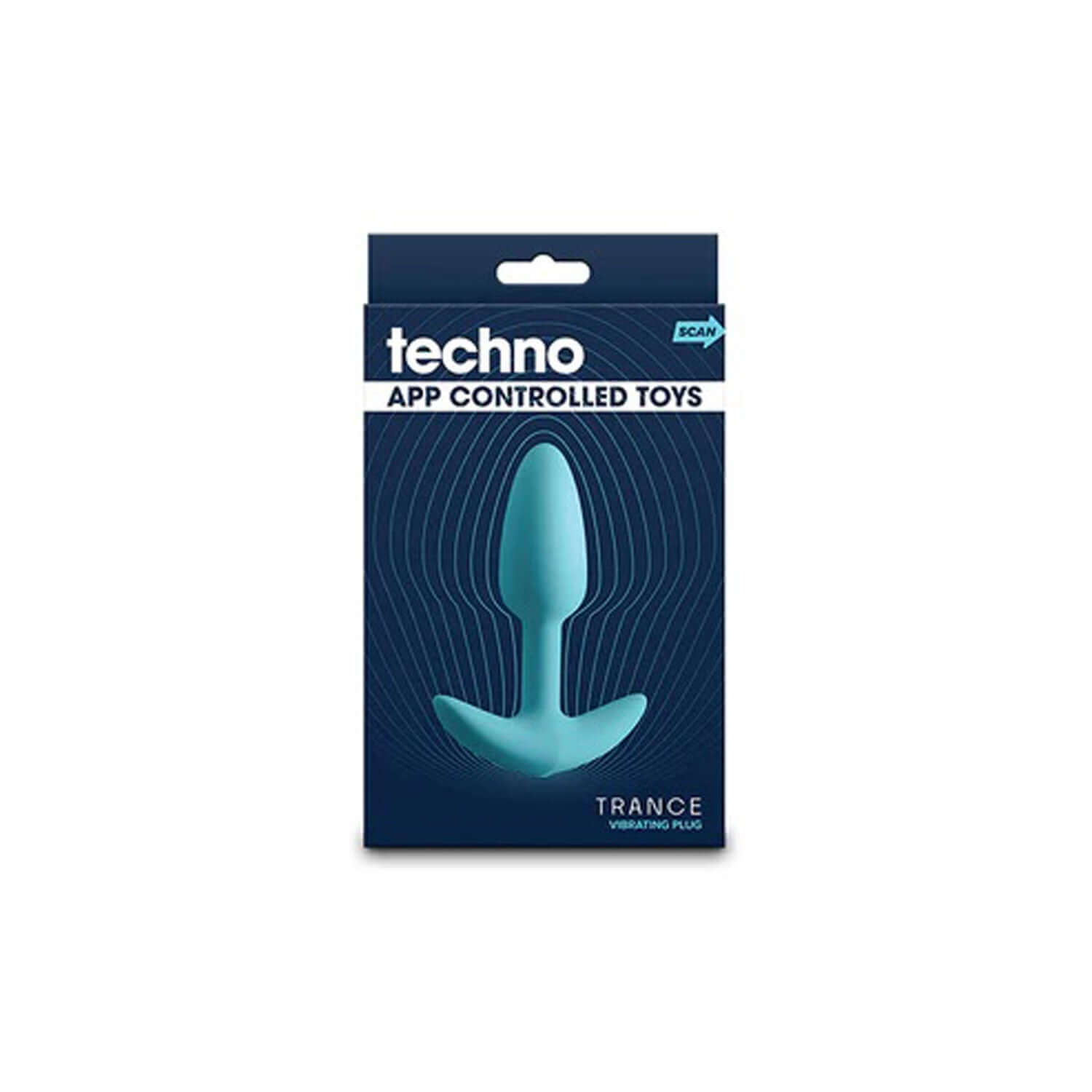 Techno Trance vibrating anal plug in blue packaging, app-controlled with 9 functions, plush silicone, waterproof, and rechargeable.