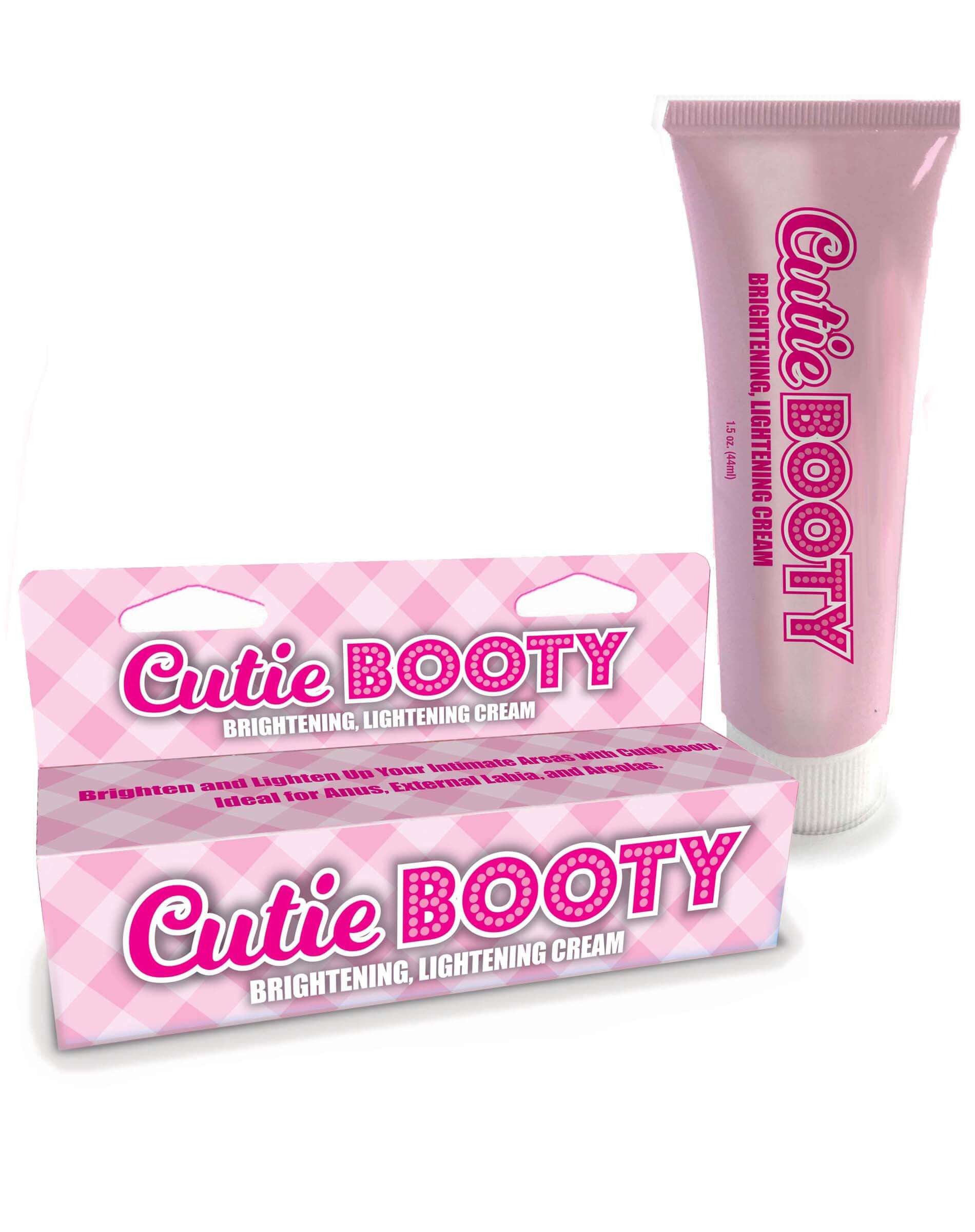 Cutie Booty Anal Brightening Lightening Cream 1.5 oz packaging and tube for intimate area brightening and lightening.