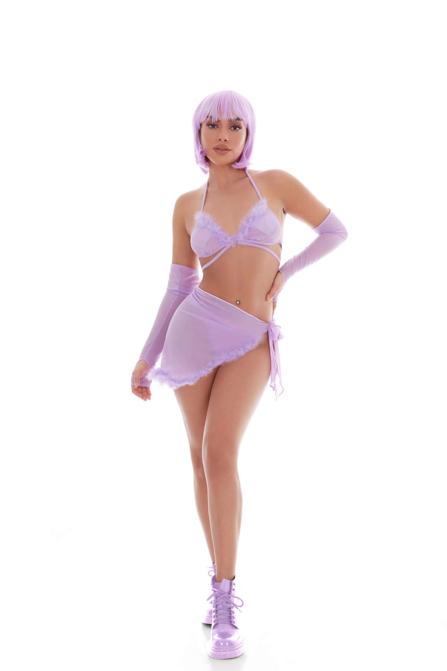 KandiHouse Feeling Fuzzy 5pc Set in lilac, featuring bra, sarong, G-string, gloves, and pasties, made of nylon and spandex.