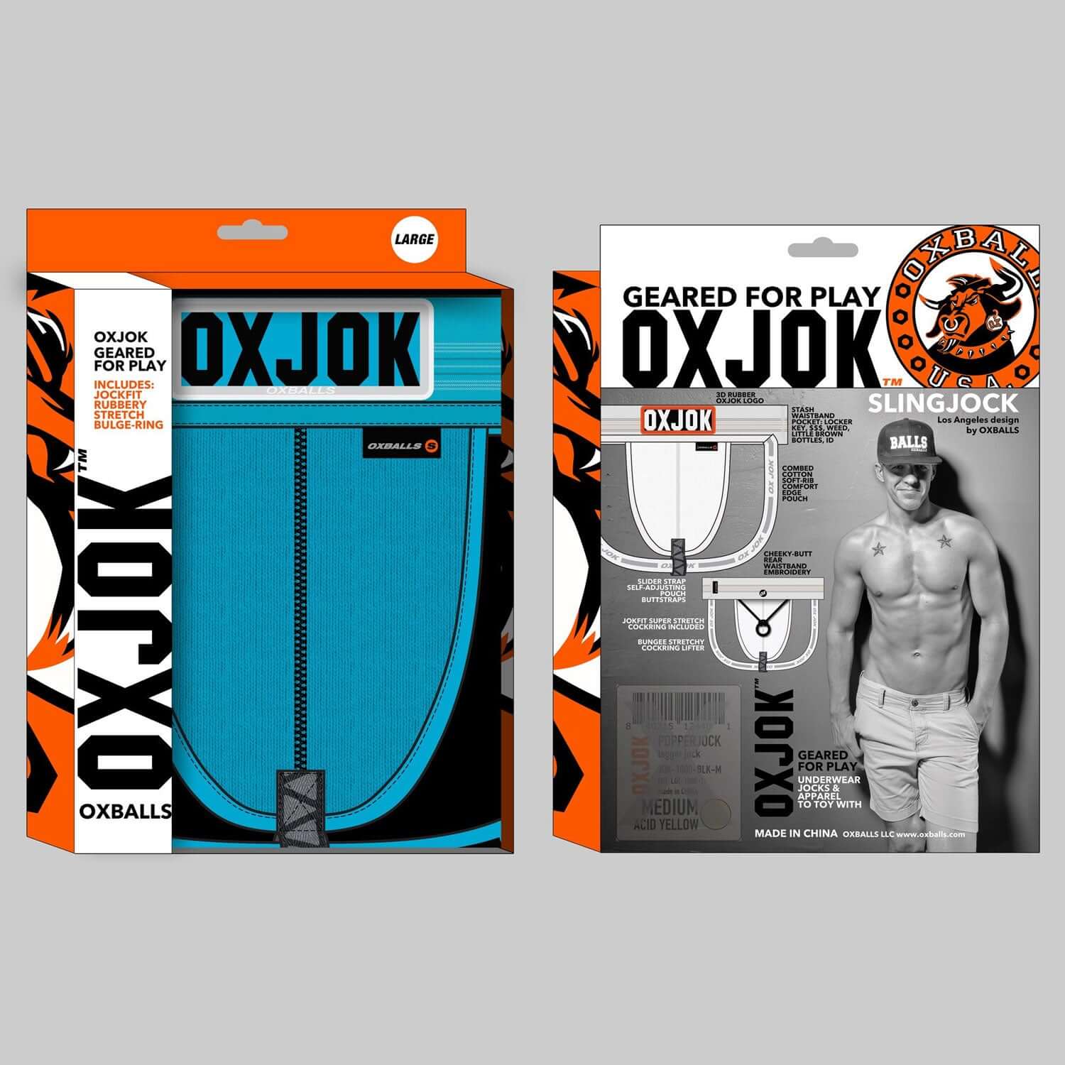 Packaging of Oxjok Slingjock Upthrust Slider-Strap Jock Pool Large in blue color with product details and model image on the back.