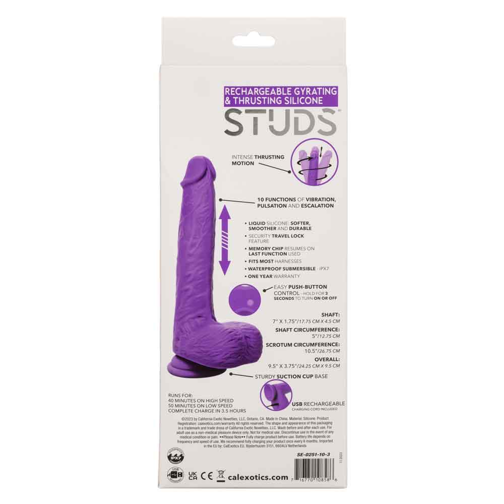 Packaging of Rechargeable Gyrating and Thrusting Purple Silicone Studs with product details and features