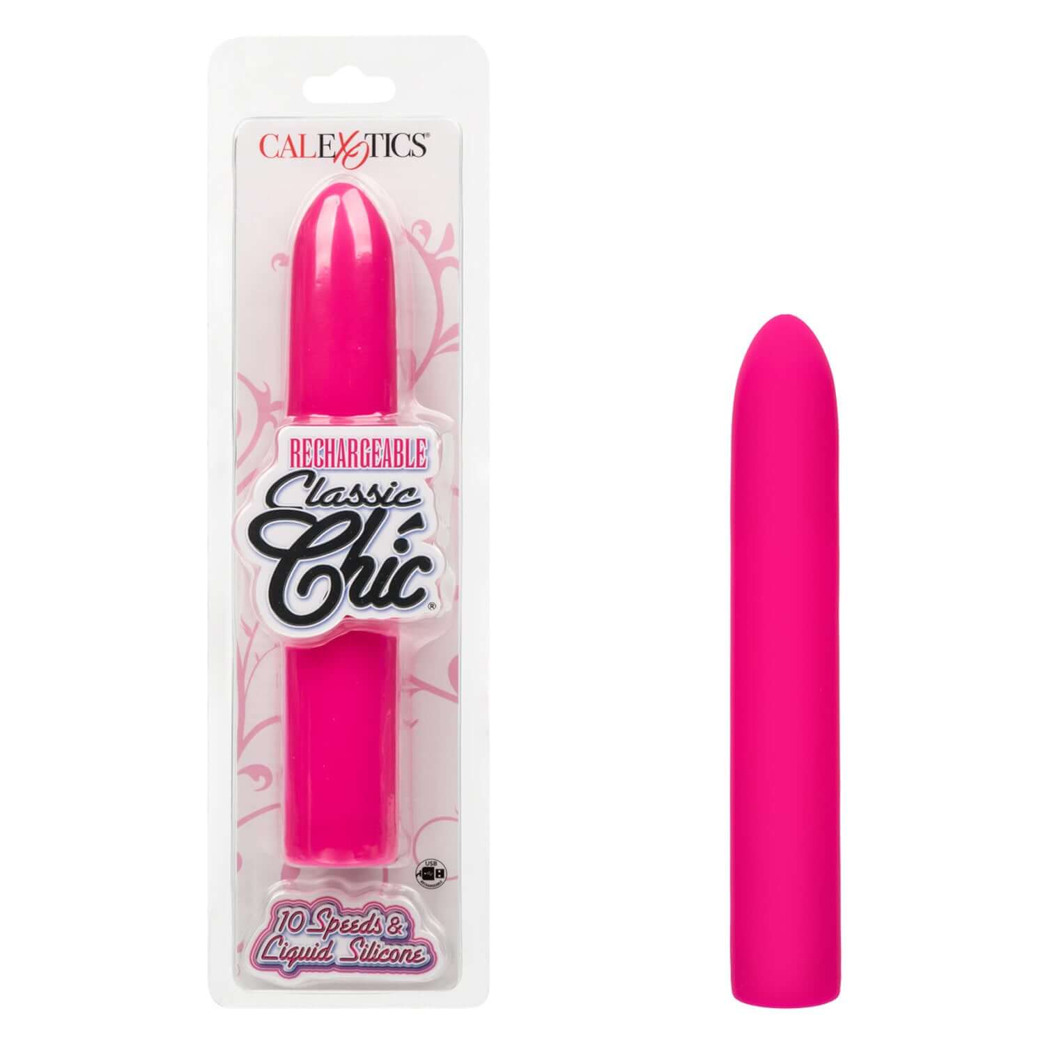 Rechargeable Classic Chic Standard Vibrator in pink, featuring sleek design and 10 speeds for enhanced pleasure.