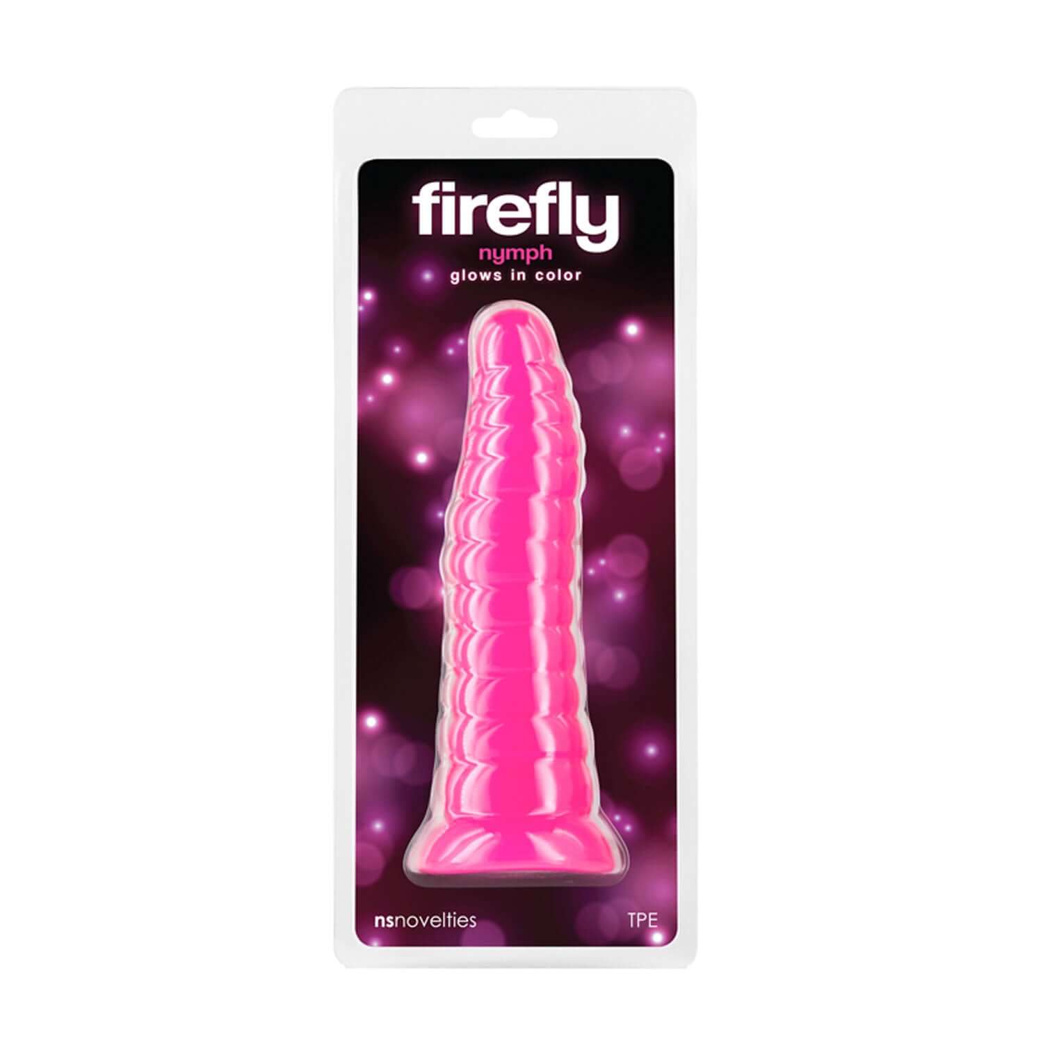 Firefly Nymph Pink glow in the dark TPE dildo in packaging