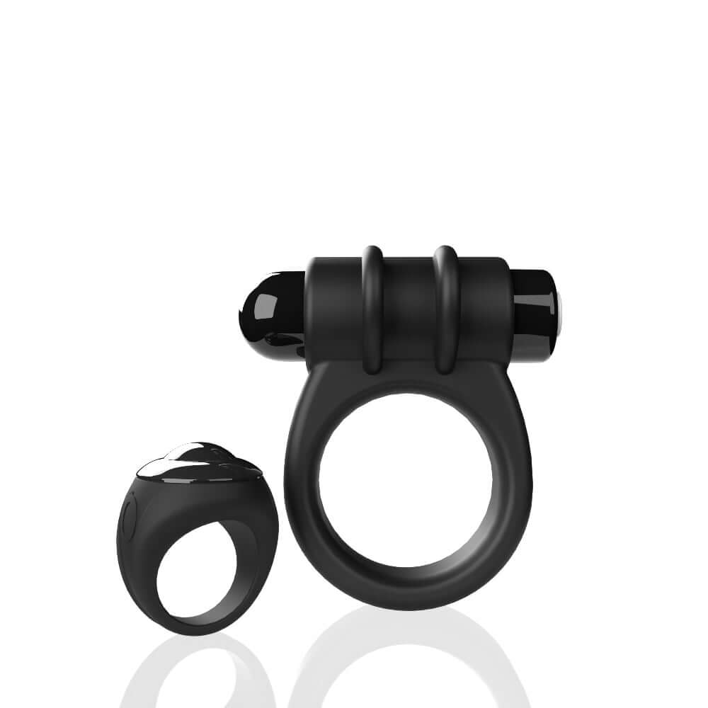 Remote controlled black vibrating cock ring with 10 functions and stretchy True Silicone ring for mutual stimulation and satisfaction.