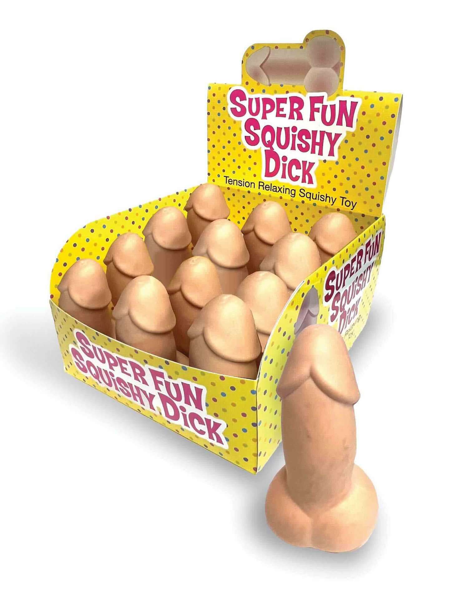 Display of 12 Super Fun Squishy Dicks stress toys in a colorful box, designed for sensory stress relief and fun.