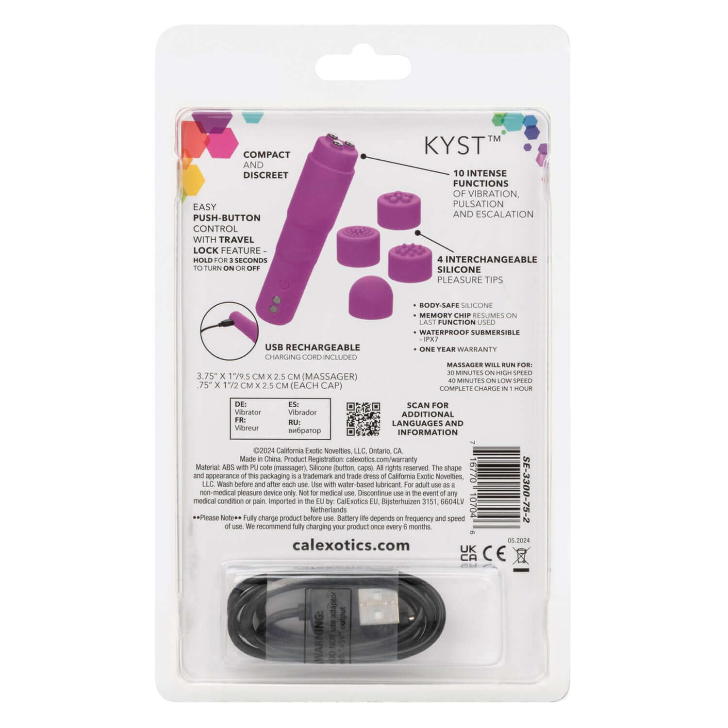 Kyst Mega-Mite Massager in pink packaging with USB charger and 4 interchangeable silicone tips for personal pleasure.