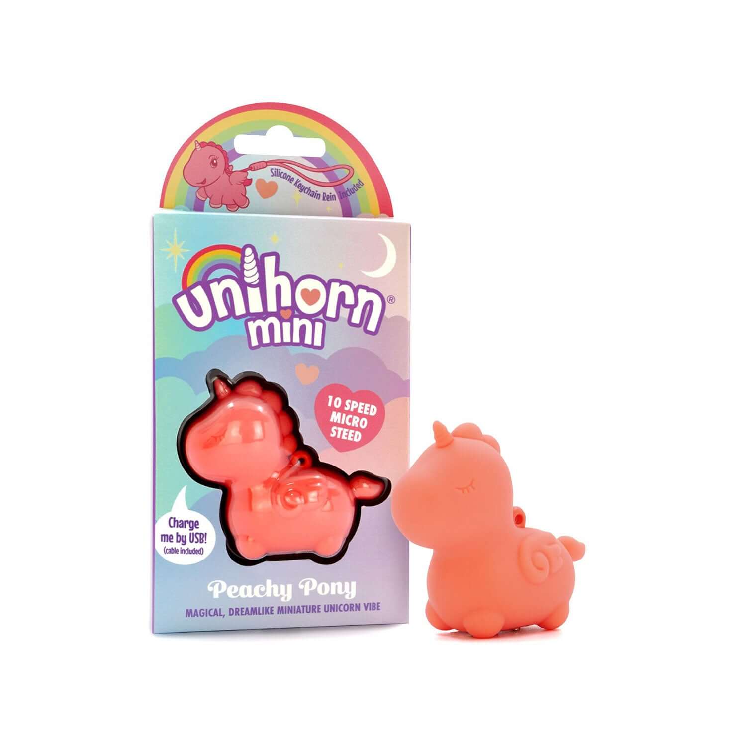 Unihorn Mini Vibrator in Peachy Pony design with packaging, featuring 10 powerful vibration speeds for personalized pleasure.