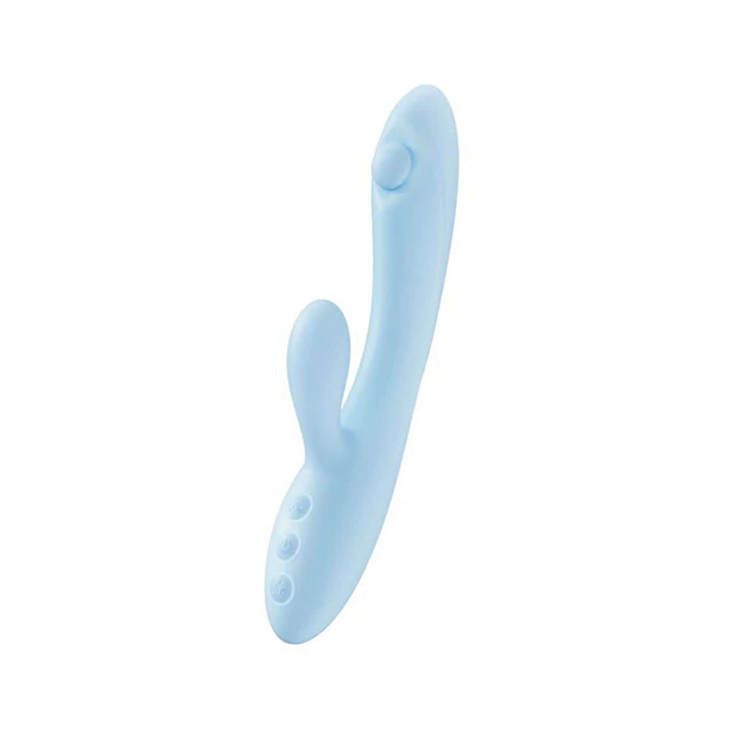 Play With Me Moondust Magic Blue rabbit massager, elegantly curved and flexible for customizable vibration settings and g-spot stimulation.