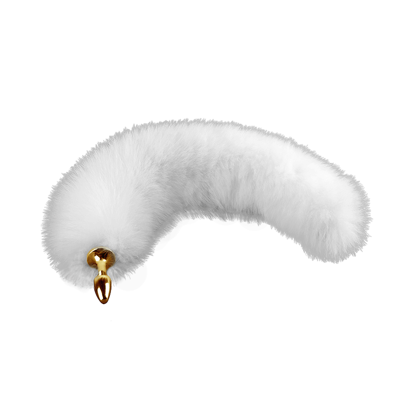 White fox fur tail small butt plug with 24K gold-plated metal base, designed for comfort and sensation.