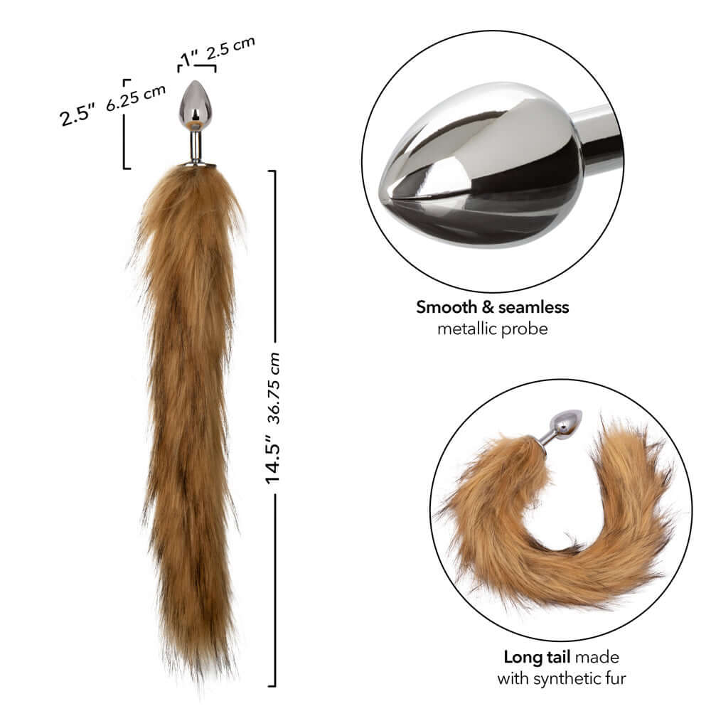 Running Wild Tail Anal Plug with smooth metallic probe and long synthetic fur tail - brown, dimensions detailed