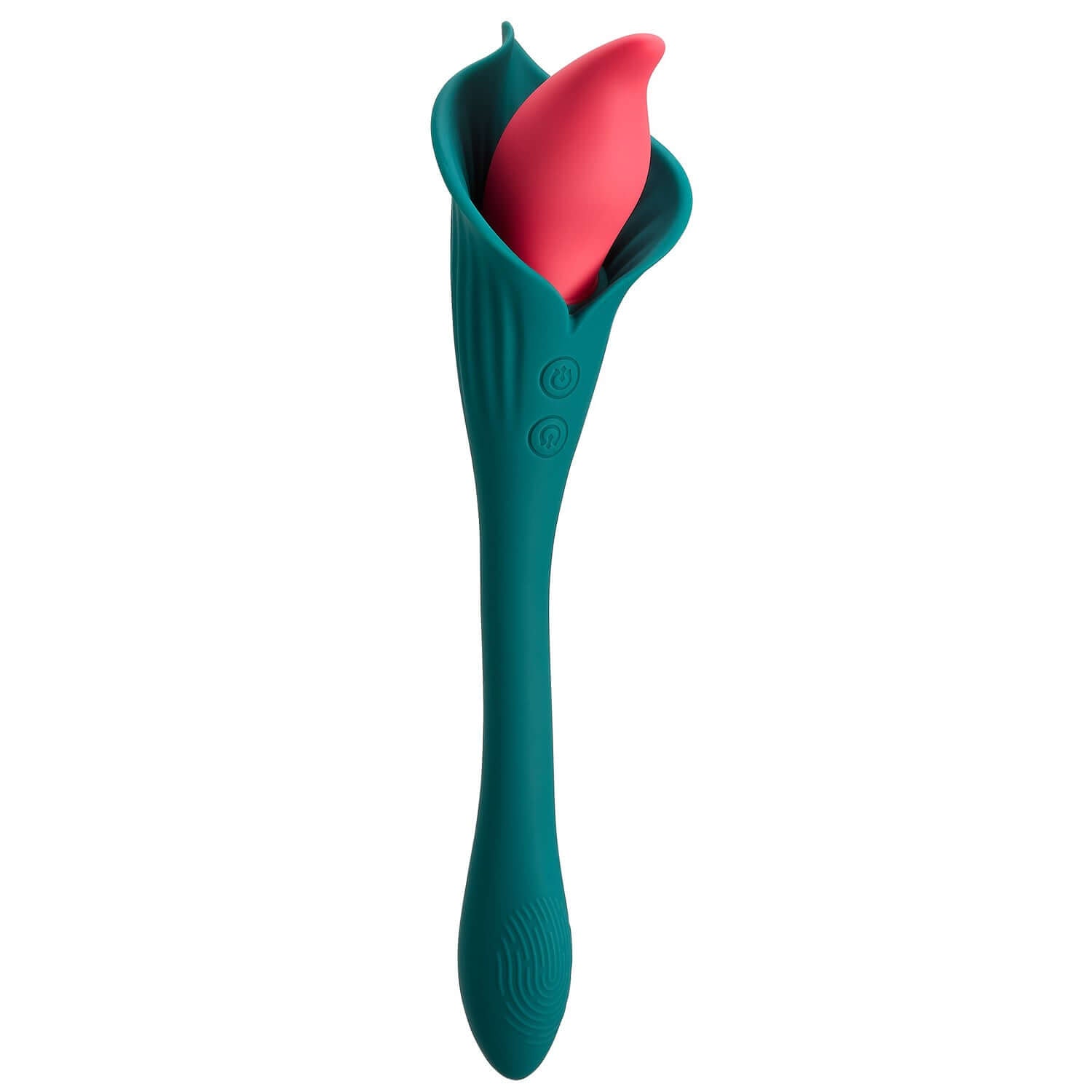 Spathe Lily Vibe Green-Blue vibrator with dual motors and fluttering stimulator inspired by peace lily design for personal pleasure.