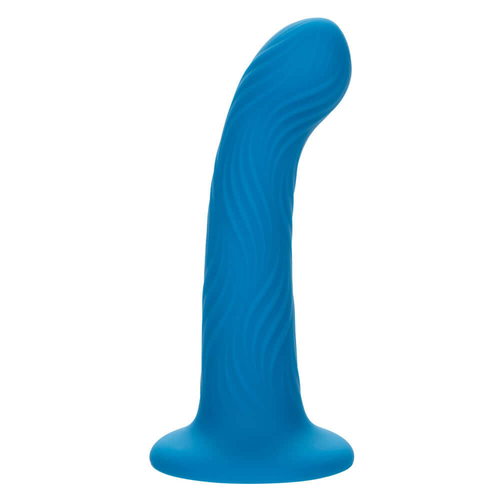 Blue Wave Rider Ripple dildo with wavy texture and curved design for maximum stimulation.