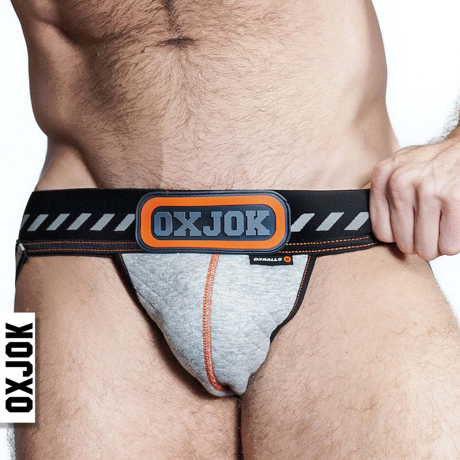 Packer Industrial Quilted Cargo Strapjock in Mist Heather Medium with hazzard stripe waistband and 3-D rubber oxjock label.