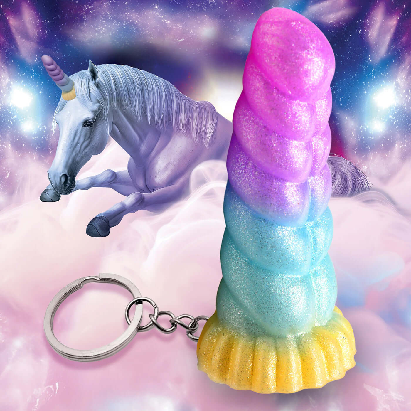 Pastel colored Mystique Unicorn Keychain featuring a unicorn horn design with a mystical background and unicorn illustration.