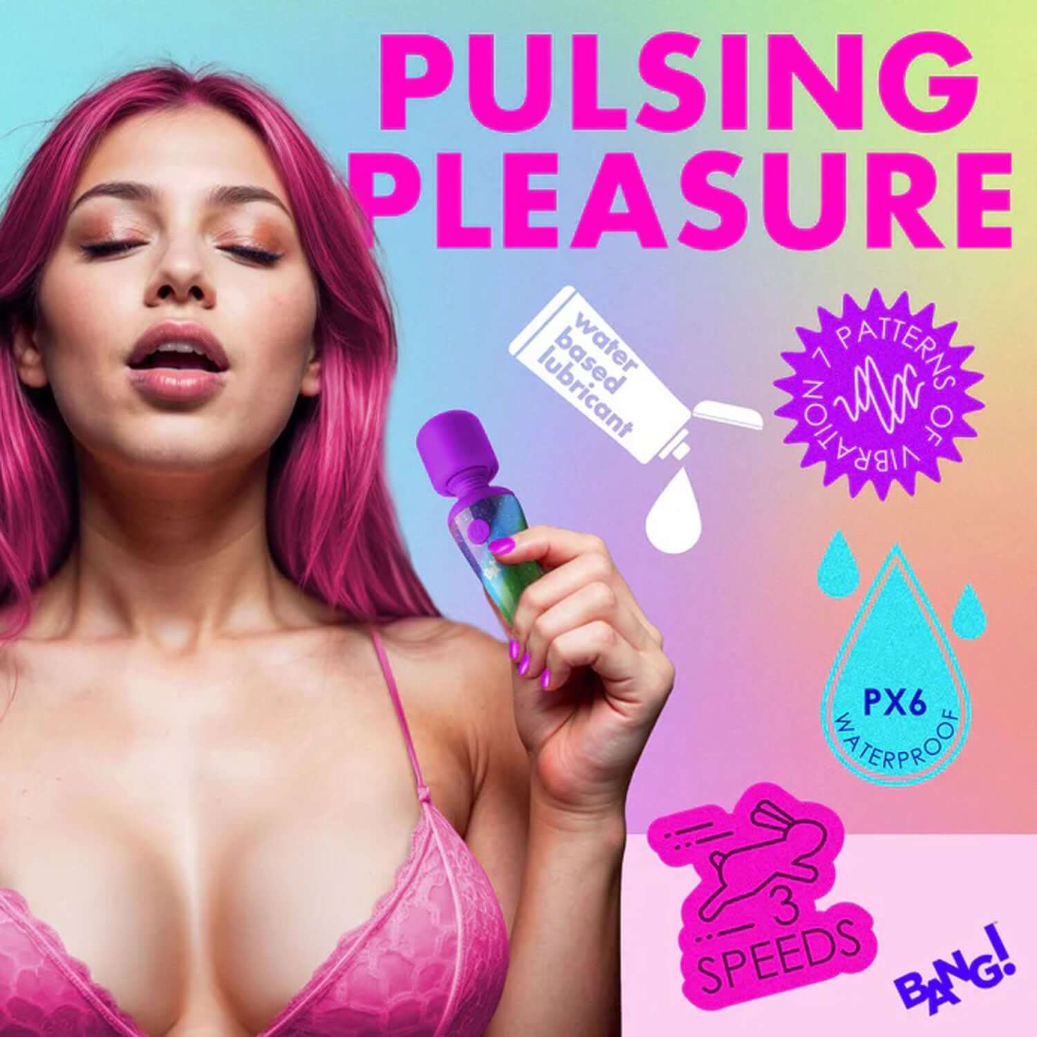 Woman holding rainbow mini wand vibrator with pink hair and "pulsing pleasure" text, showcasing 3 speeds, 7 vibration patterns, and waterproof.