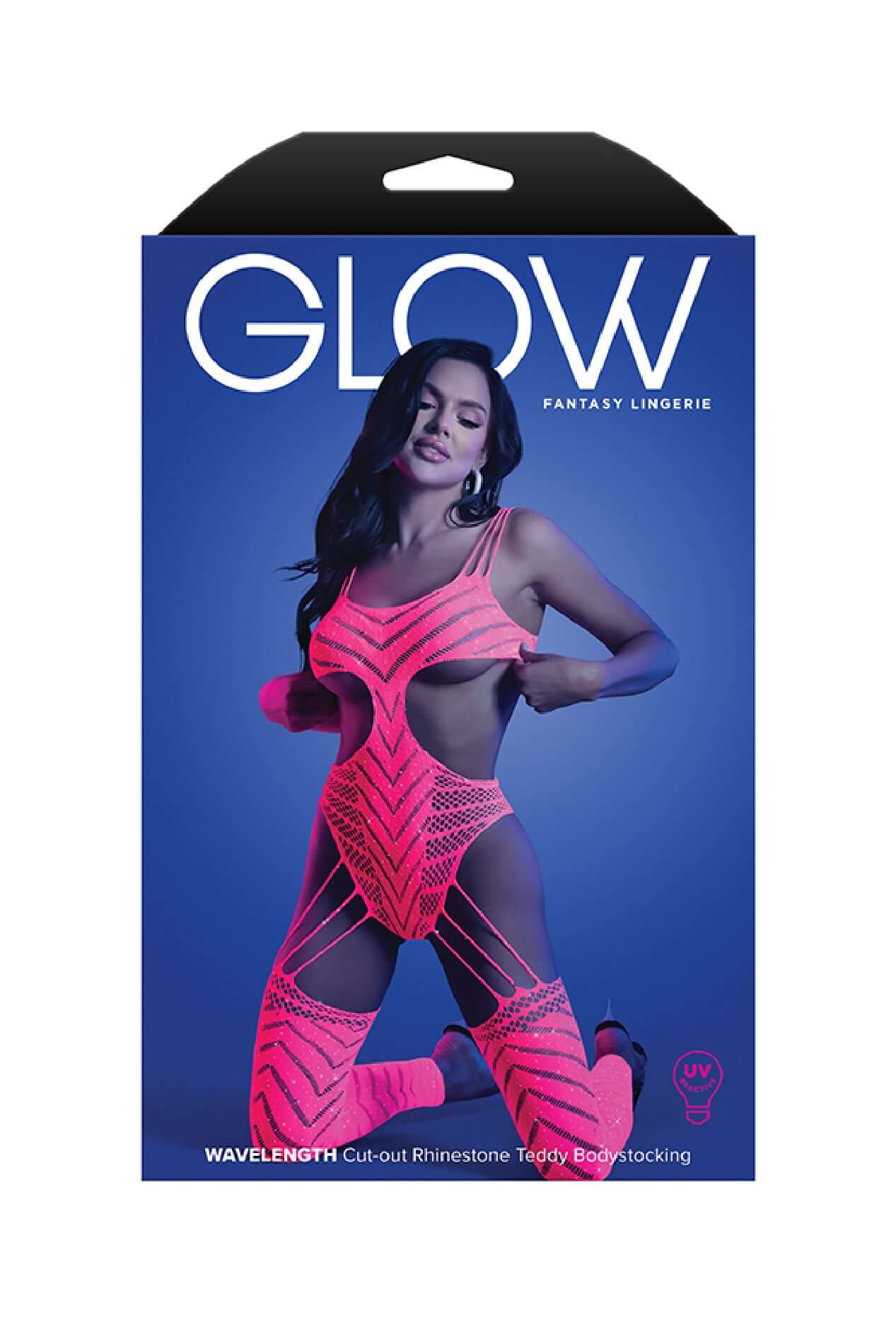 Neon pink UV reactive rhinestone cutout teddy bodystocking in packaging, one size fits US dress sizes 2-12, front view.