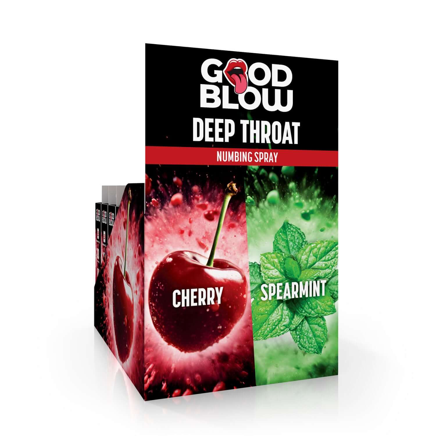 "Deep Throat Numbing Spray Pop Display with Cherry and Spearmint flavors, featuring 24 pieces for enhanced comfort and ease."