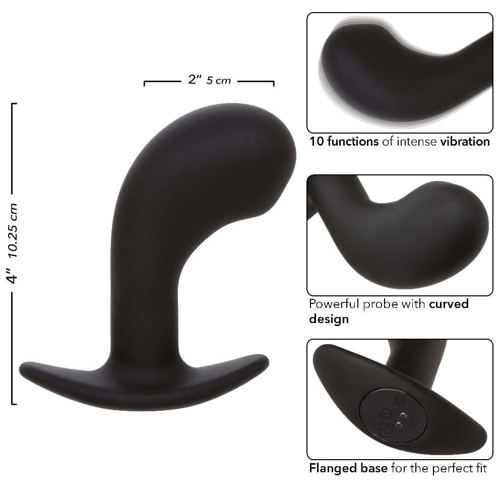 Rock Bottom Curved Probe - Black with measurements, 10 vibration settings, and flanged base for enhanced prostate stimulation