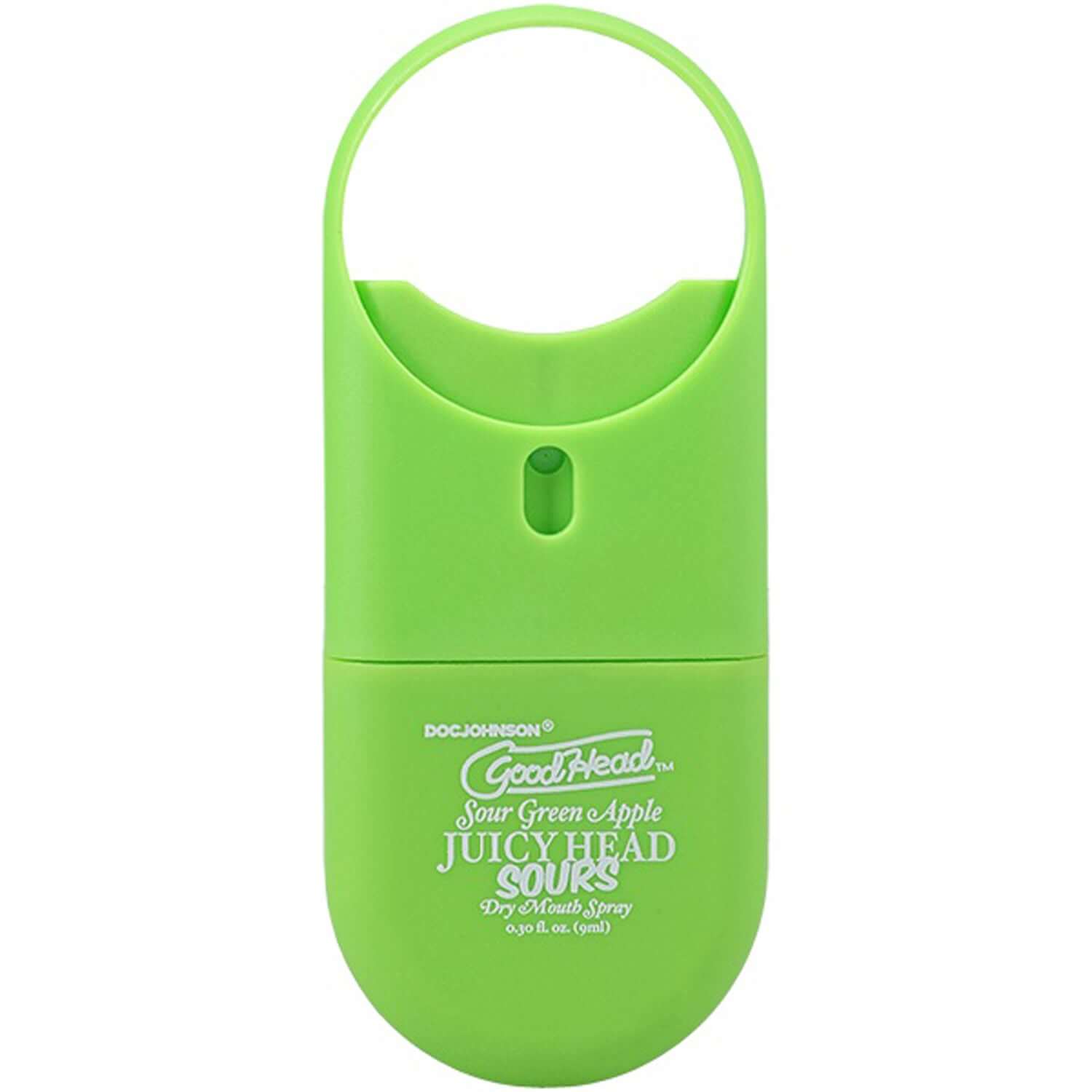 GoodHead Juicyhead Sour Green Apple Dry Mouth Spray travel-size bottle, vibrant green packaging for instant moisture and fresh breath.