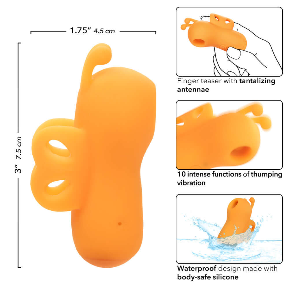 Orange Neon Vibes finger teaser with ergonomic design, tantalizing antennae, 10 vibration functions, waterproof, body-safe silicone